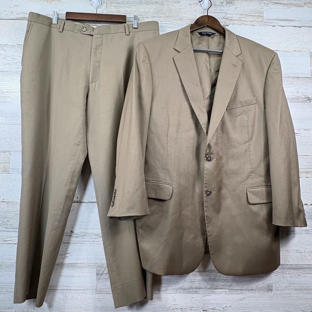 Jos A Bank Suit Mens 46L 38x29 Tan Wool 2 Button Flat Front Signature Old Money